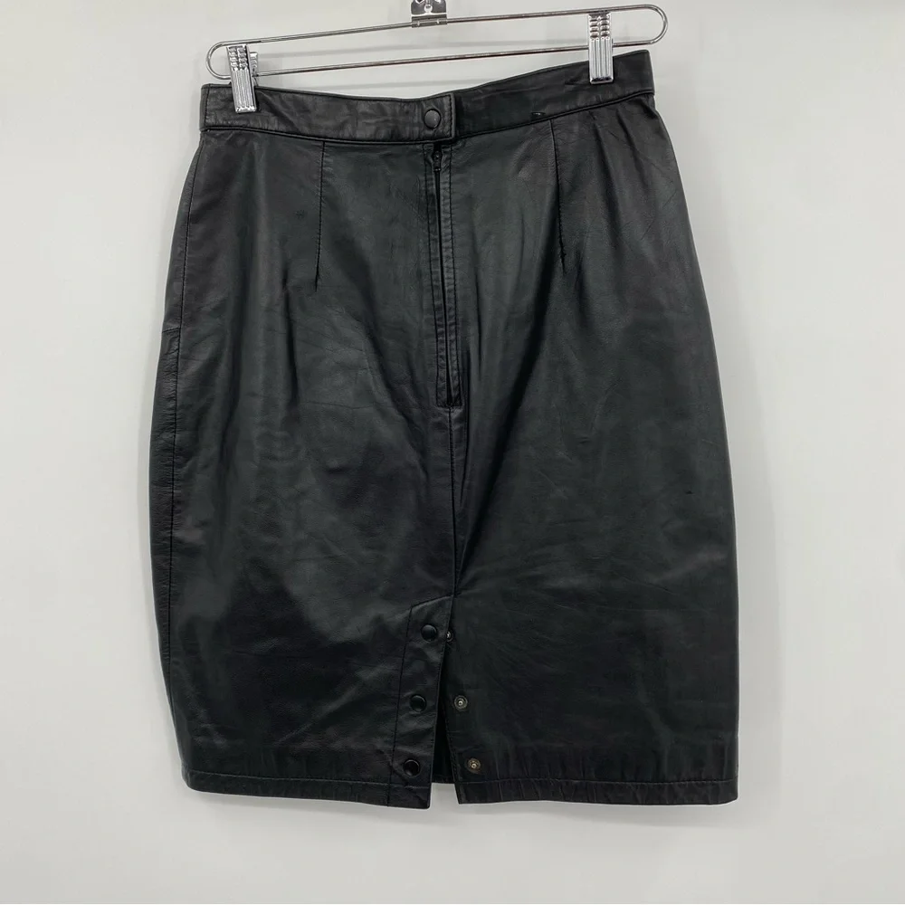 Tangu Vintage 80s Leather Skirt Size 9/10 Black Pencil Mobwife Goth Dance Snap‎